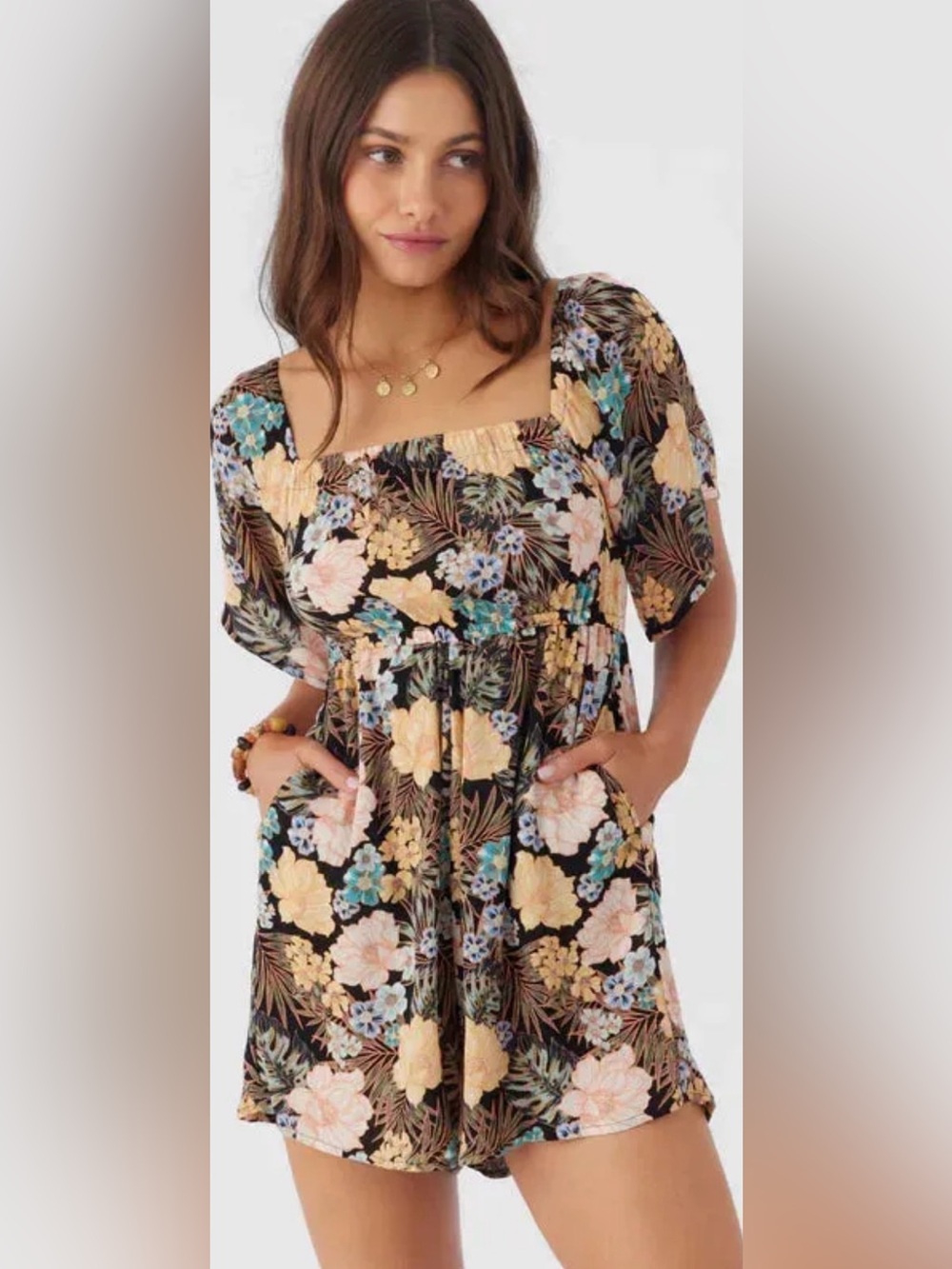 NWT O’Neill Jaslynn Floral Puff-Sleeve Square-Neck Dress Romper in Black Floral
